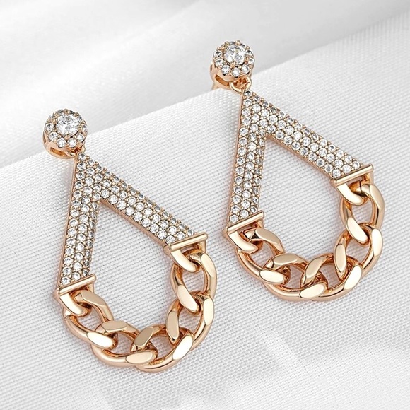 Rose Gold Natural Zircon Geometric Chain Drop Earrings - Picture 4 of 5